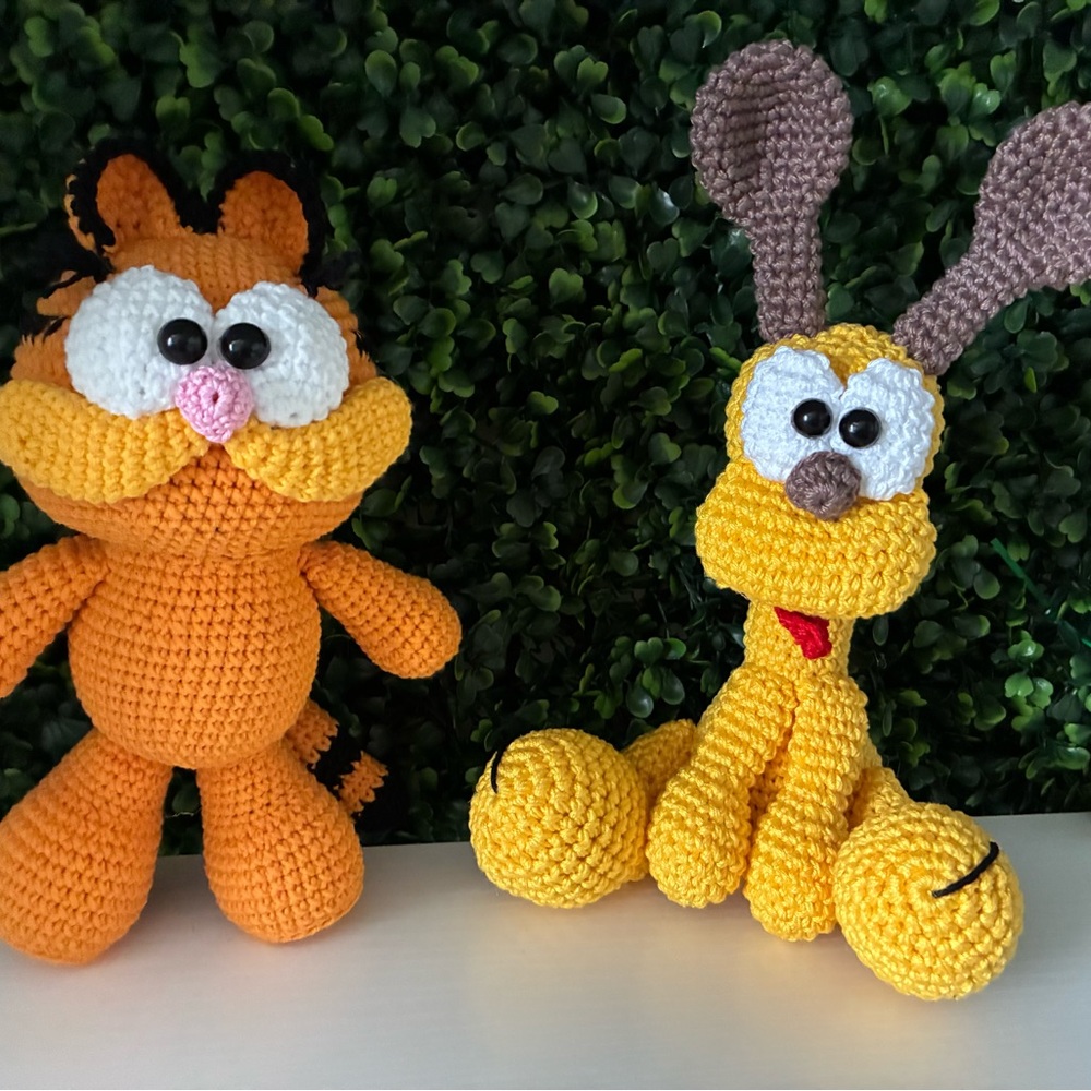 Handmade Orange and Yellow Crochet Cat and Dog Toy Set